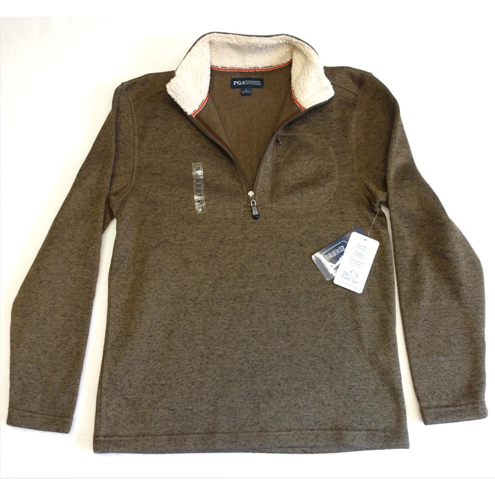 PGA TOUR Sweater Pullover Mens M Brown Fleece 1/4 Zip Mock Neck Sherpa